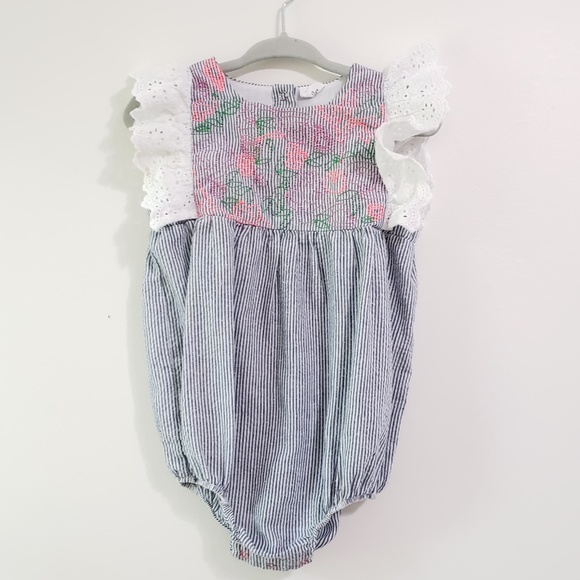 EGG Baby Seersucker Striped Ruffle Accent Onesie - Picture 1 of 10